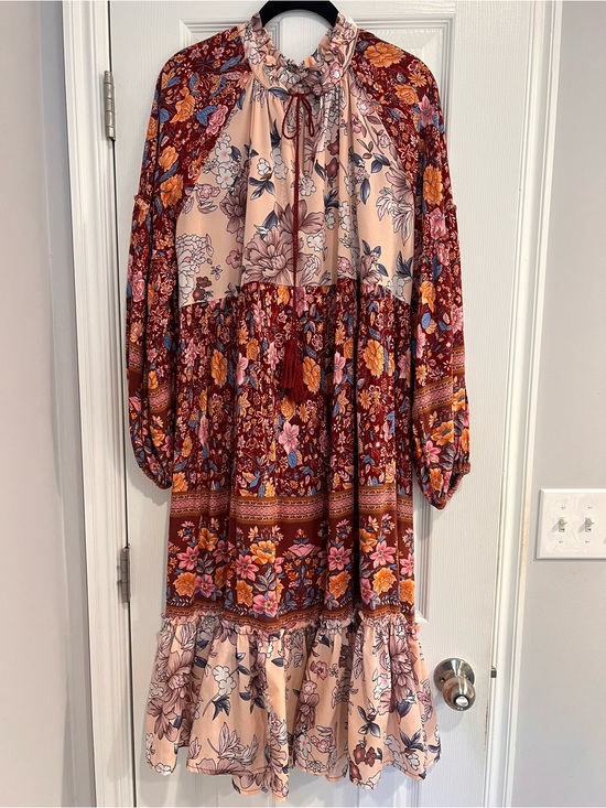 Umgee Dresses & Skirts - Umgee Mixed Print Boho Floral Tiered Long Sleeve Midi Dress Blush Burgundy Flowy